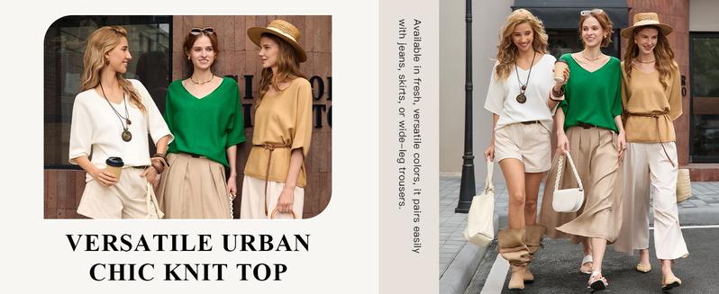 Saodimallsu Womens Oversized Summer Sweater Half Sleeve Batwing V Neck Dolman Sleeve Trendy Casual Knit Tops