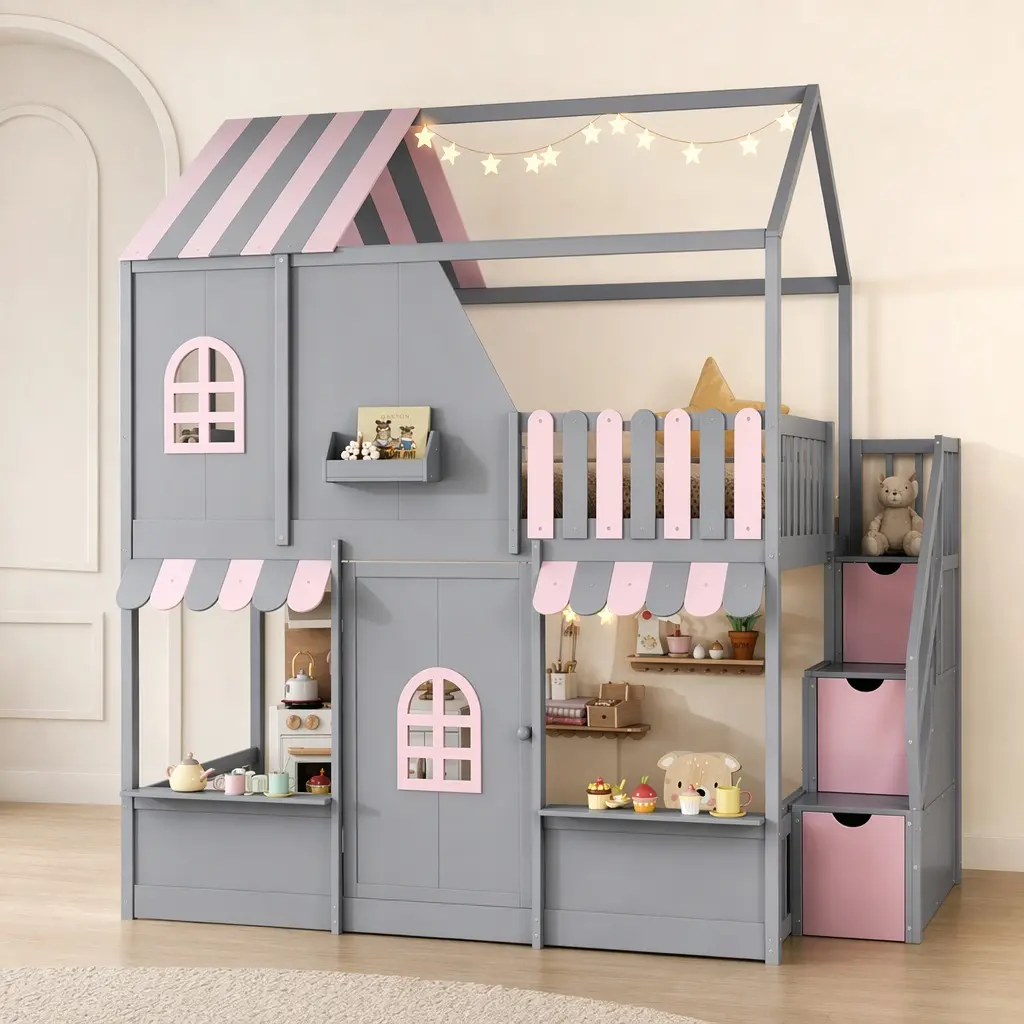ARCH Full Over Full Wooden Kids Bunk Bed Frame - Adorable Playhouse Design with Roof, Functional Door, Storage Staircase, Compartments, Shelves, MDF/Plywood Build, Multiple Colors, 93.1Lx62.4Wx87.8H In, Assembly Required, for Children's Bedroom