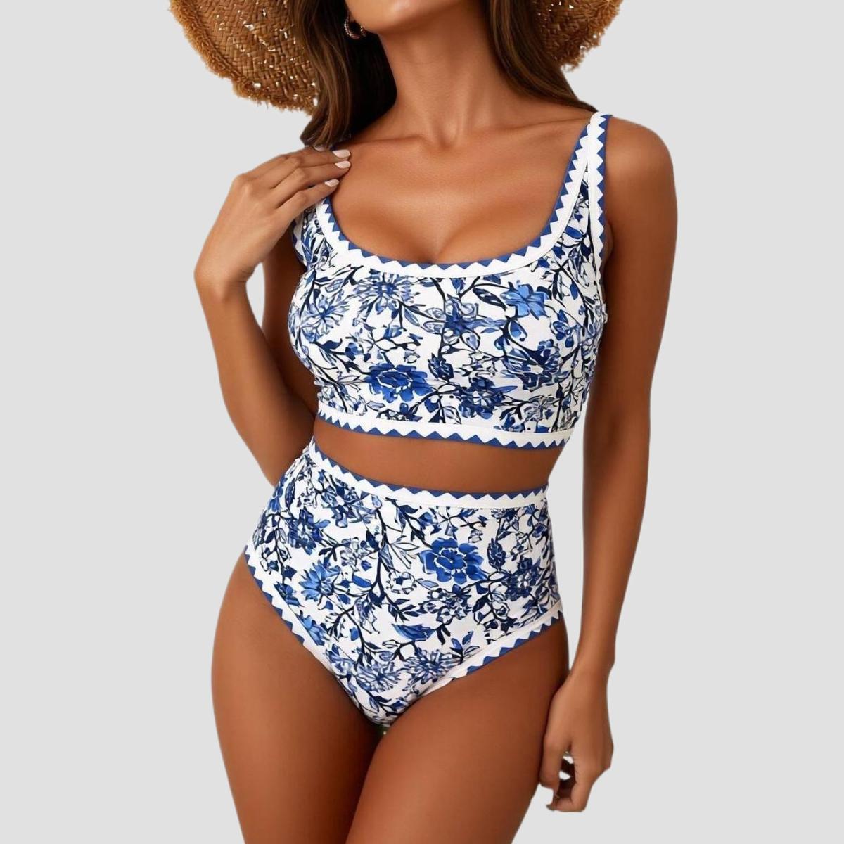 Women's Fashion Two-Piece Set High-Waisted Floral Bikini  Slimming with Tummy Control Wide Shoulder Straps Vacation Swimsuit  Perfect for Vacation Photoshoots