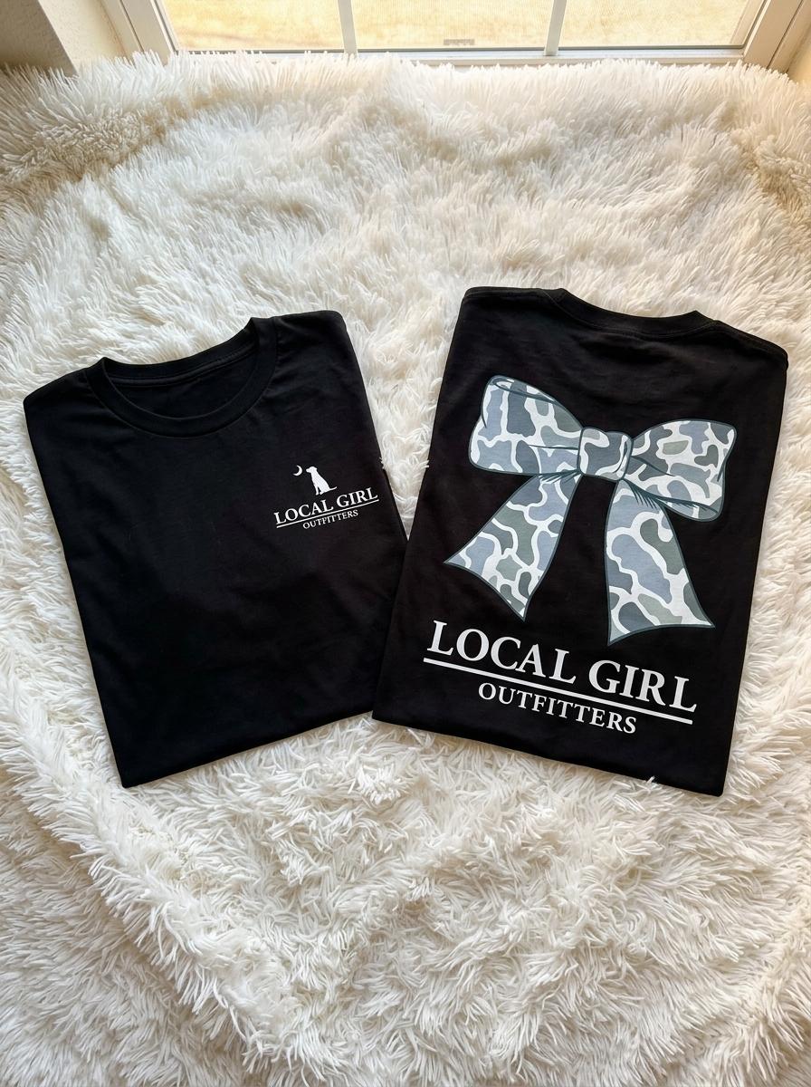 Local Girl Outfitters Camo Bow T-Shirt, Cute Oversized Southern Graphic Tee with Blue Camo Print, Trendy Country Girl For Fall, Rodeo, Or Hunting Seas Sweatshirt, Hoodie, Comfort Colors