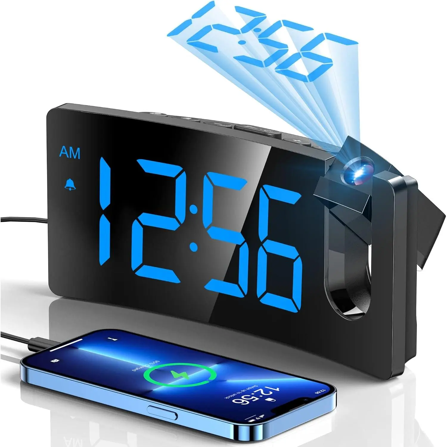 Projection  Clock, Digital Clock with 180° Rotatable Projector, 3-Level Brightness Dimmer, Clear LED Display, USB Charger, Progressive Volume, 9mins Snooze,12/24H, for Bedroom