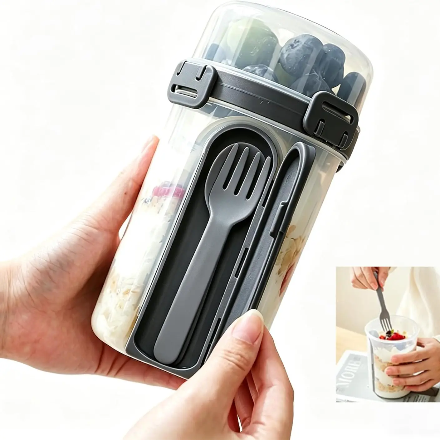 Portable Overnight Oat Jar with Lid, Dual-Layer Yogurt Cup, Dry-Wet Separation, Sealed Oat Jar with Spoon and Fork, Convenient Breakfast Container