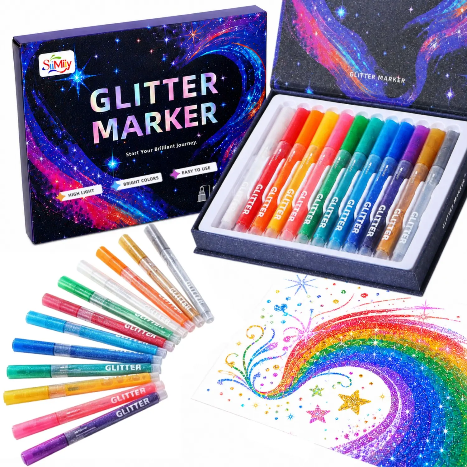 SiiMiiy Glitter Markers 12 Colors, Premium Sparkle Glitter Pens with Unique Shimmer Effect, Fine Tip Metallic Markers, Water-Based Ink for Artwork, Greeting Cards and Crafts, Arts and Crafts Supplies