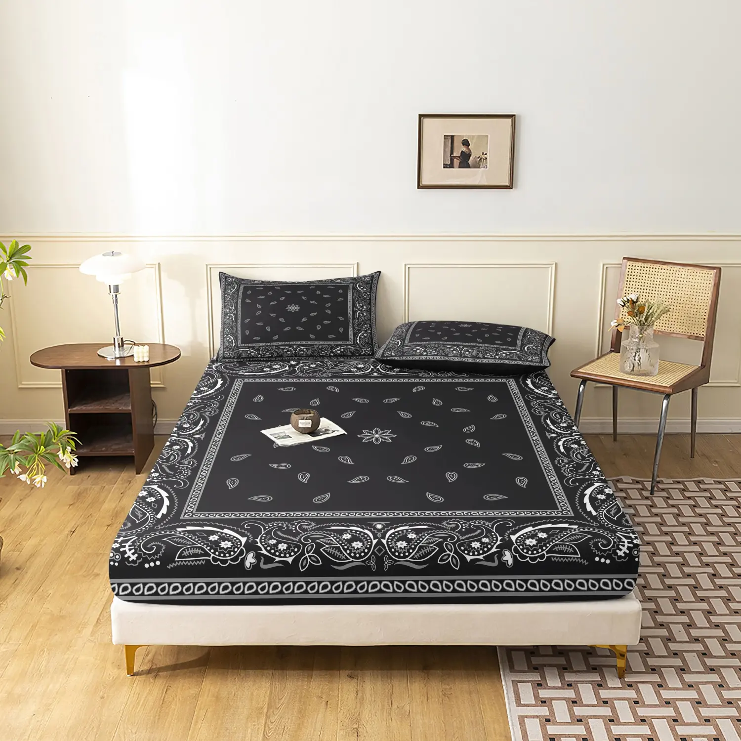 3Pcs Vintage Paisley Bedding Print Fitted Sheet Set, Black White Square Bohemia Floral Print Bedding, Style Home Textile For Bedroom Decor (1 Fitted Sheet + 2 Pillowcases, No Pillow)