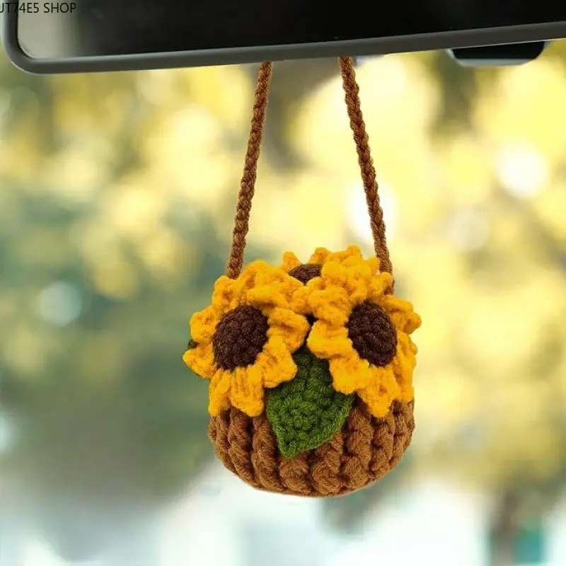 Handmade Crochet Car Hanging Ornament - Floral Doll Crocheted Hanging Basket, Car Accessories Interior Rearview Decor Fashion Accessory