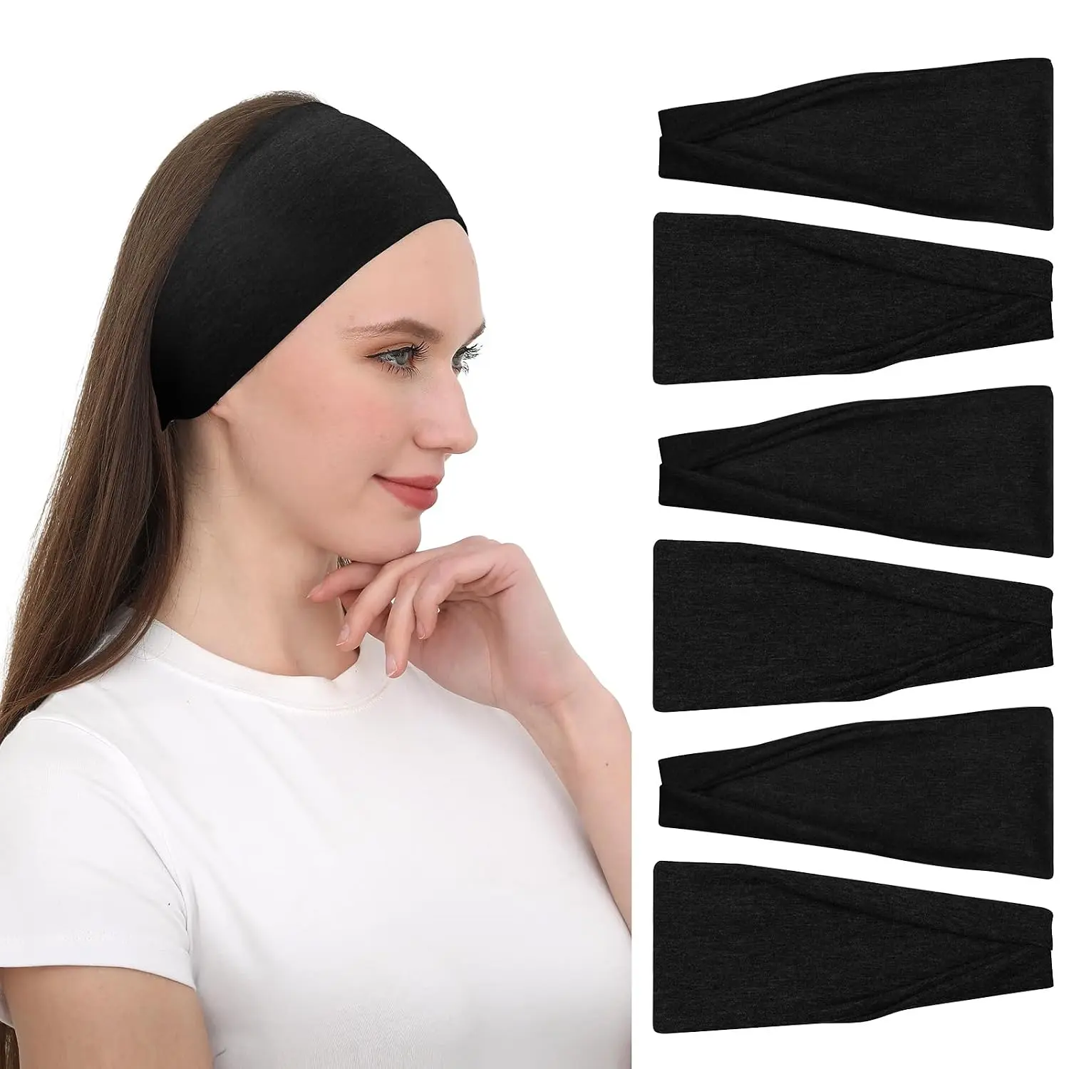 Black Headbands for Women, 6 Pack Wide Workout Sweatbands | Buttery Soft Non Slip 3.9 Inch Thick Stretchy Hair Bands for Yoga Running Skincare Wig Hairline Cover