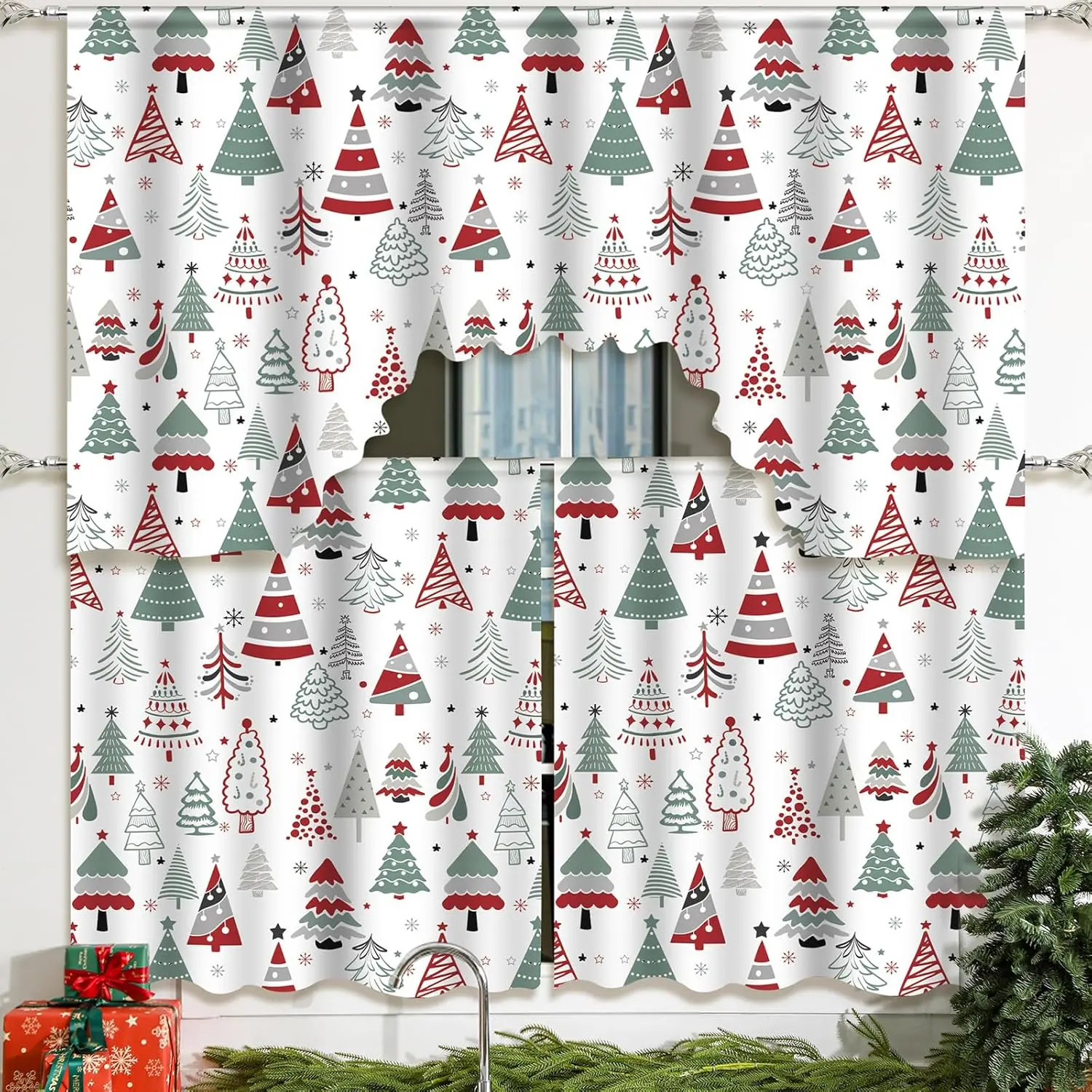 Christmas Kitchen Curtains 3 count Set Christmas Tree Window Curtains and Valance for Kitchen  Bedroom Living Room Cafe Windows 60'' x 36'' Valance & 36'' x 30'' x 2 Panels