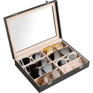 Frebeauty Sunglass Organizer,PU Leather Glasses Organizer,8-Slot Sunglasses Tray with Clear Lid,Men's/Women's Sunglasses Box,Sunglass Case,13.3x9.6x2.4 Inches,Eyeglass/Eyewear Display Tray(Black)