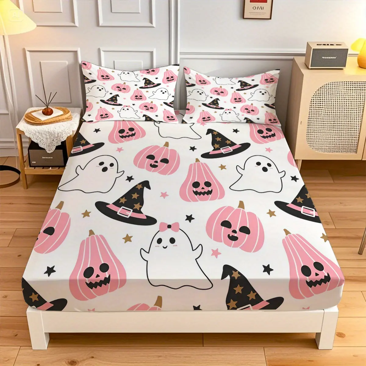 3PC Creative Fashion Halloween Ghost Bed Sheet , fitted mattress protector, soft polyester fabric, hypoallergenic, fully elastic, breathable, easy to care for and machine washable, tear-resistant, perfect for all-season comfort in homes and guest rooms 10