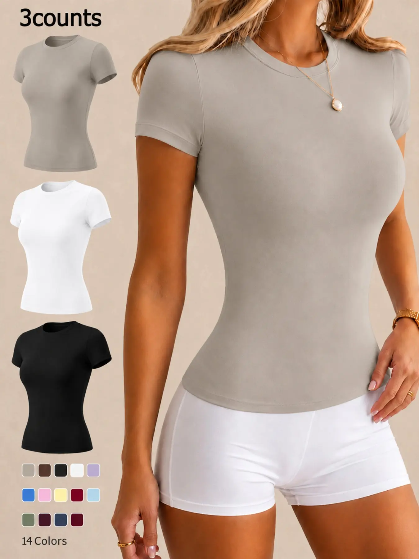 Women’s 3 Piece Workout Tops Short Sleeve Crew Neck Slim Fit T Shirts High Stretch Soft Comfortable Supportive Training Tops for Gym Running Yoga Fitness Breathable Sportswear Top