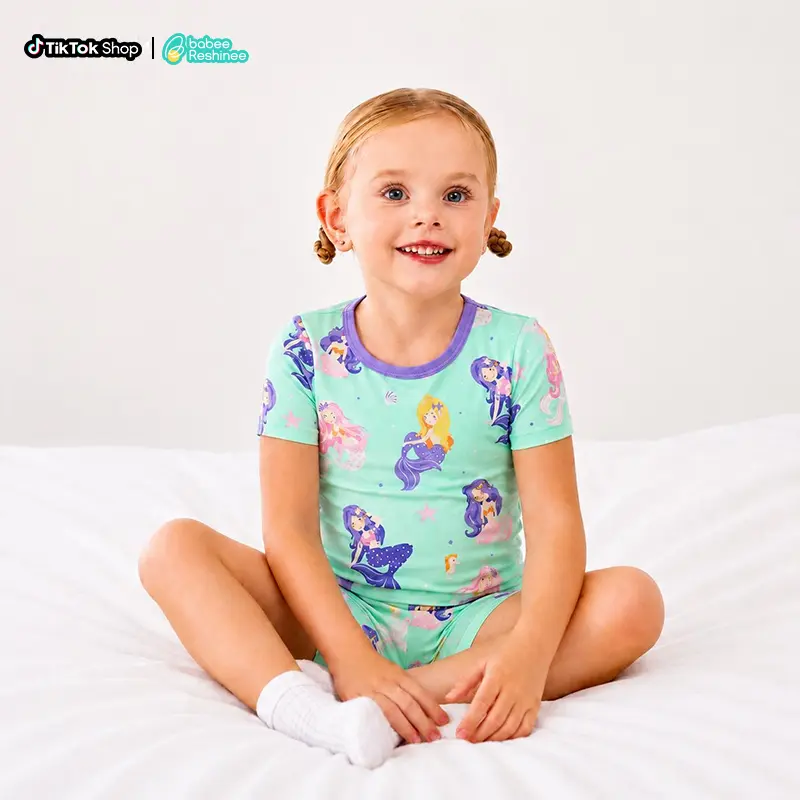 babee Reshinee Soft Bamboo Girls Clothes 2-Piece Snug Fit Short Sleeve Tops Crew Neck Girly Pajama Sets, Tagless Stretchy Breathable Cool Summer Sleepwear for Toddlers (12M-8Y), Machine Washable, All-Over Print