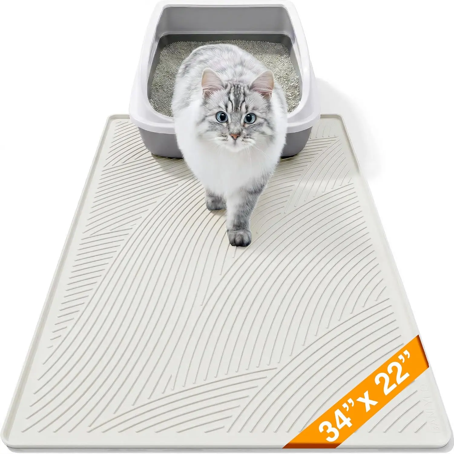 Cat Litter Box Mat - L Large Size 34 x 22 in, Water Proof, Kitty Litter Trapping Mat, Easy to Clean, Scatter Control, Odorless, Pet Supplies for Indoor Cats, Beige Gray