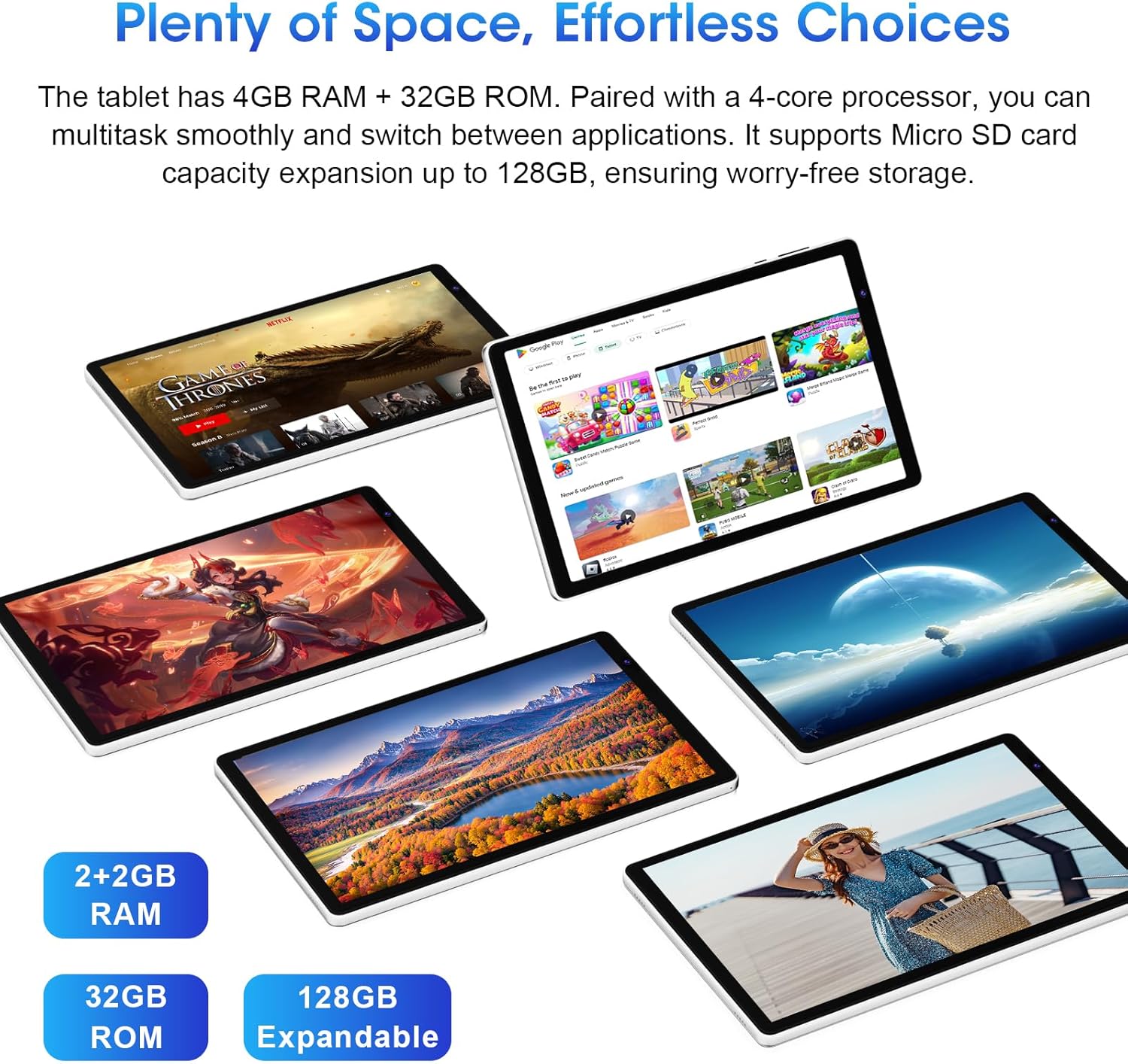 10.1 Inch Android 12 Tablet 32GB ROM 1TB Expandable Quad Core 6000mAh 1280x800 IPS Touch Screen 2+8MP Dual Camera Bluetooth WiFi Silver