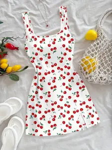 Women's Summer Casual U-Neck Backless Sleeveless Side Slit Bodycon Mini Dress, Cherry Print Beachwear, Fashionable for Outdoor Activities