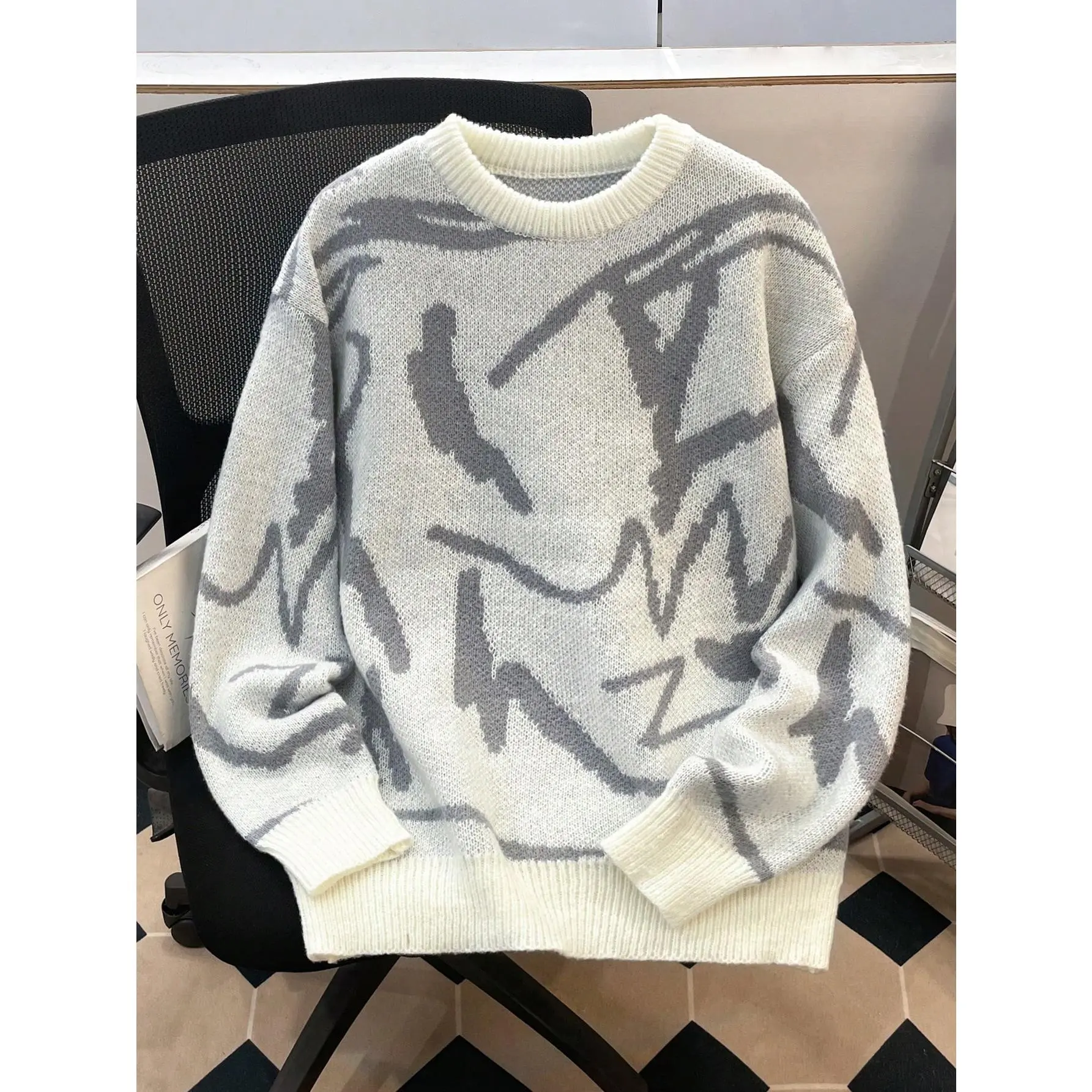 Men's Graffiti Pattern Crew Neck Knit Sweater, Loose Casual Soft Warm Pullover Jumper, Streetwear Long Sleeve Knit Top