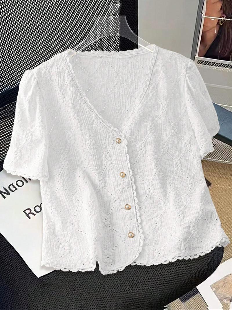 Women's Plain Short Sleeve Button Blouse, Casual Basic Top for Daily Wear, Ladies Clothes for All Seasons