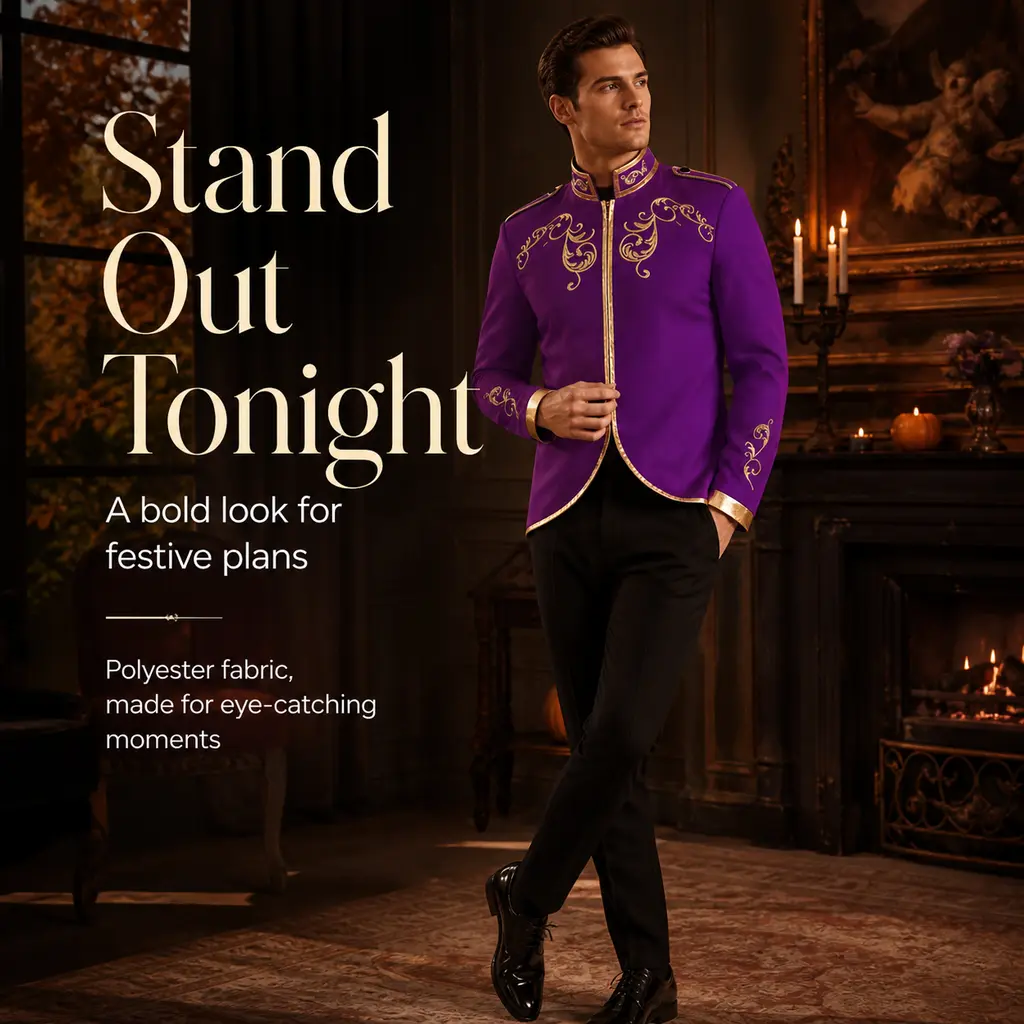 Men Purple Gold Embroidery Stand Collar Jacket, European Royal Prince Vintage Blazer, Medieval Noble Court Coat for Halloween Cosplay Party