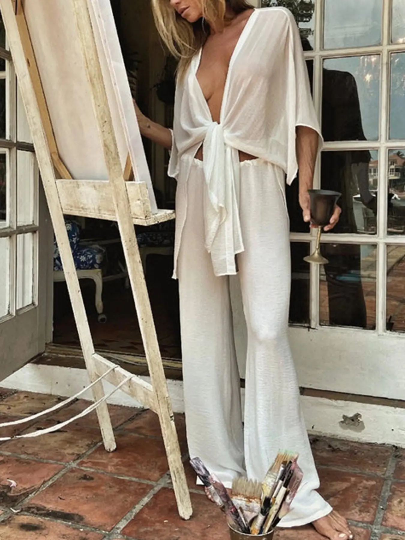 Women's Sheer V-Neck Top and Wide Leg Pants Set, Lightweight Breathable Vacation Style Two-Piece, Chic, Comfortable, Stylish and Elegant, Fashion