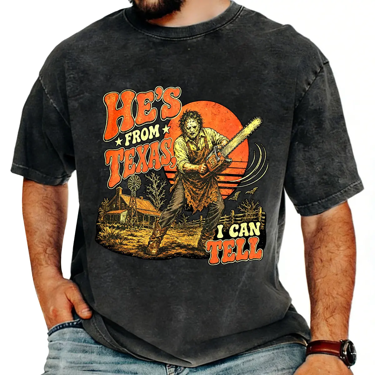 He's From Texas I Can Tell Shirt Chainsaw Horror Graphic Tee Slasher Halloween T-Shirt Spooky Season Retro Scary Movie Gift Made In USA For Women For Men [Hype Mode Threads cotton t-shirt/sweatshirt/hoodie, soft and comfortable]