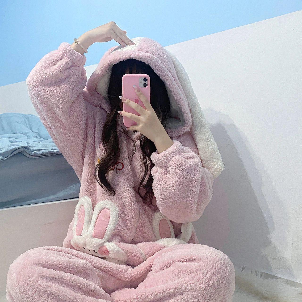 Coral Velvet Onesies Women Cute Rabbit Kigurumi Unicorn Preppy Cartoon Hooded Kawaii Thicker Winter Warm Cotton Pajamas Homewear