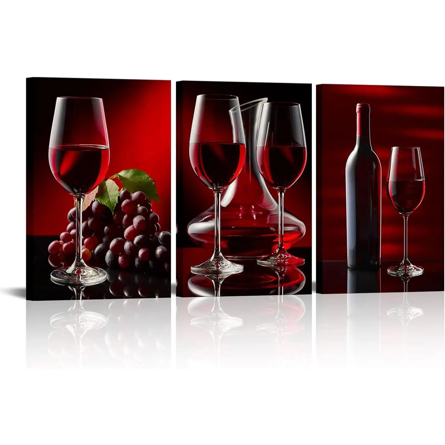 LyerArtork 3 Piece Kitchen Canvas Wall Art Black and Red Wine Painting Framed Artwork Wine Cup Bottle and Grapes Picture Prints for Dining Room Kitchen Restaurant Wall Decor 16x24inchx3panels