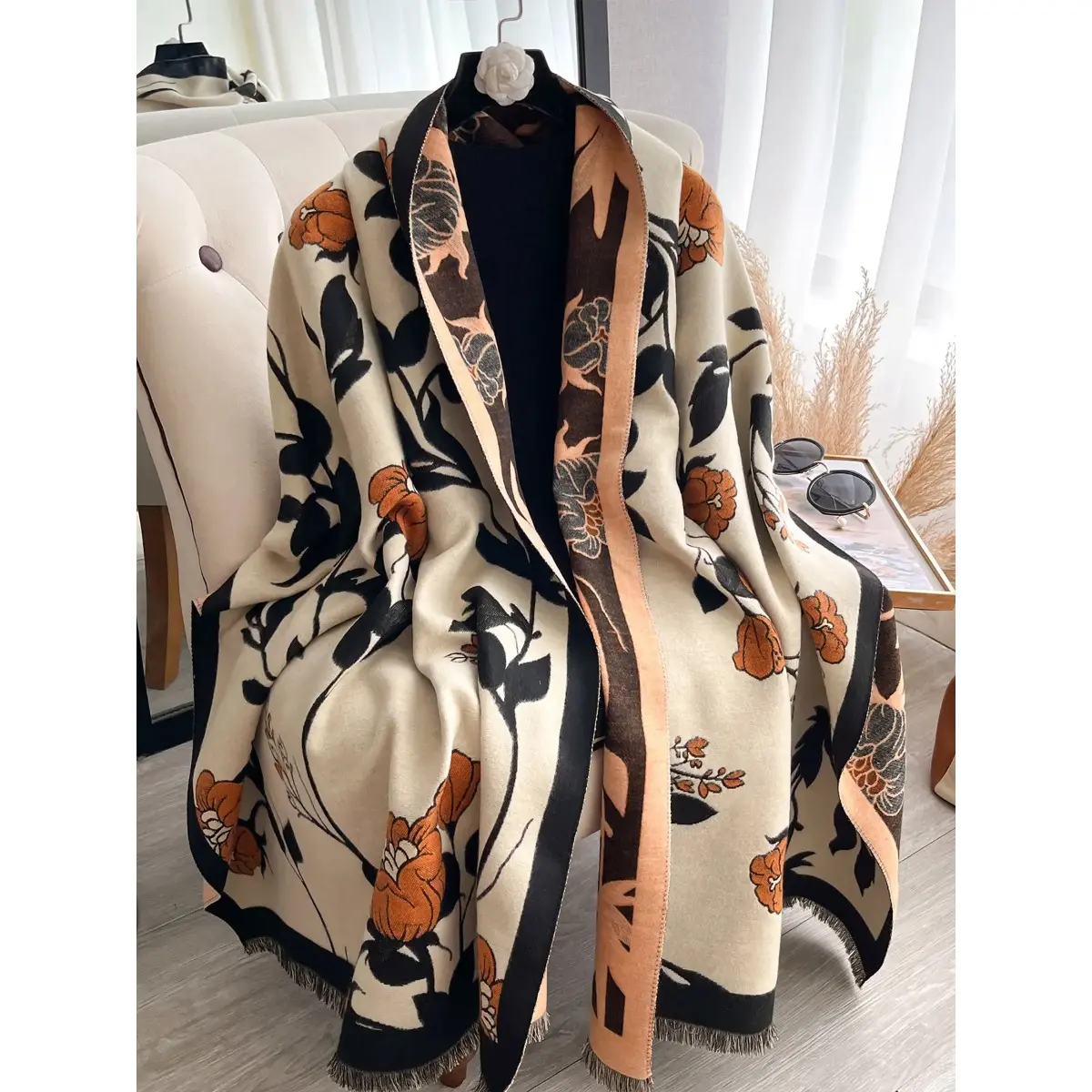 Women's Reversible Tencel Blanket Scarf, Elegant Dual-Color Floral Print with Fringe Trim, Thick Winter Wrap for Everyday Layering