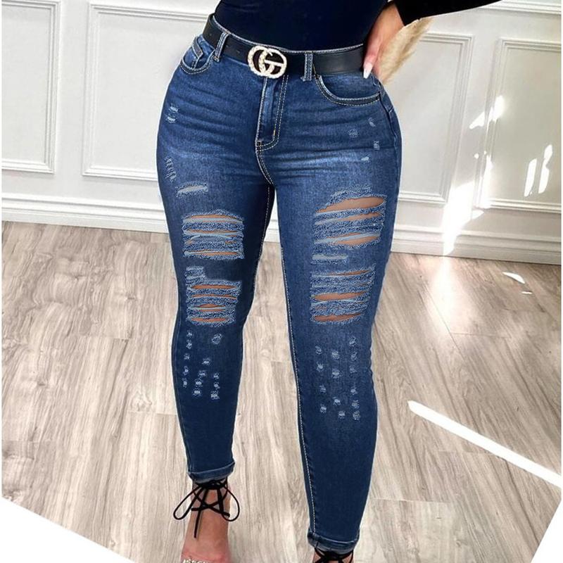 Women's Plus Size High Rise Stretchy Skinny Ankle Jeans, Butt Lifting Ripped Distressed Washed Denim, American Retro High Street Basic Style Pocket Button Pants for Daily & All-Season Wear