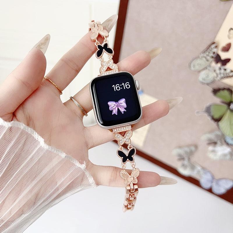 Full Rhinestone Black Shell Butterfly Slim Metal Bracelet for iWatch Band - Business & Dressy Strap Compatible with Series 1-11/SE/SE2/Ultra/Ultra2 (38-49mm) for Women & Men (Watch Not Included) #TikTokShopHolidayHaul