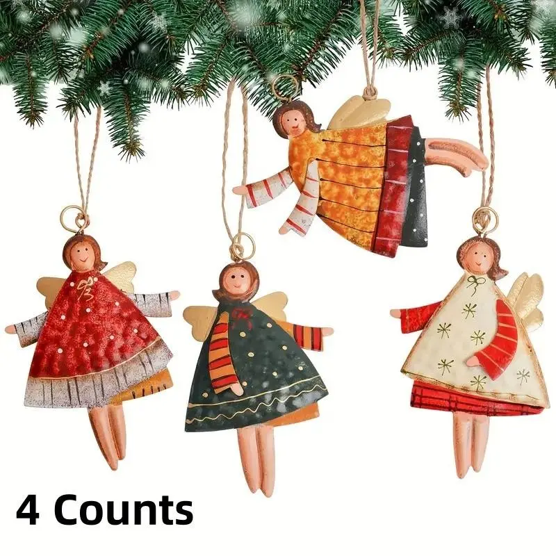 4 Pcs Painted Metal Angel Decorations, Christmas Tree Ornaments, Festival Crafts, Scene Decor, Home Office Party Decor, Holiday Decoration