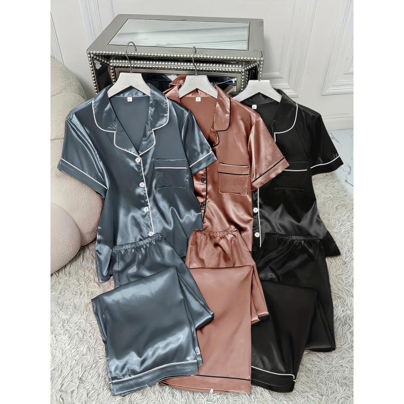 3 Sets Women's Solid Satin Casual Pajama Set, Short Sleeve Buttons Lapel Top & Pants, Comfortable Relaxed Fit