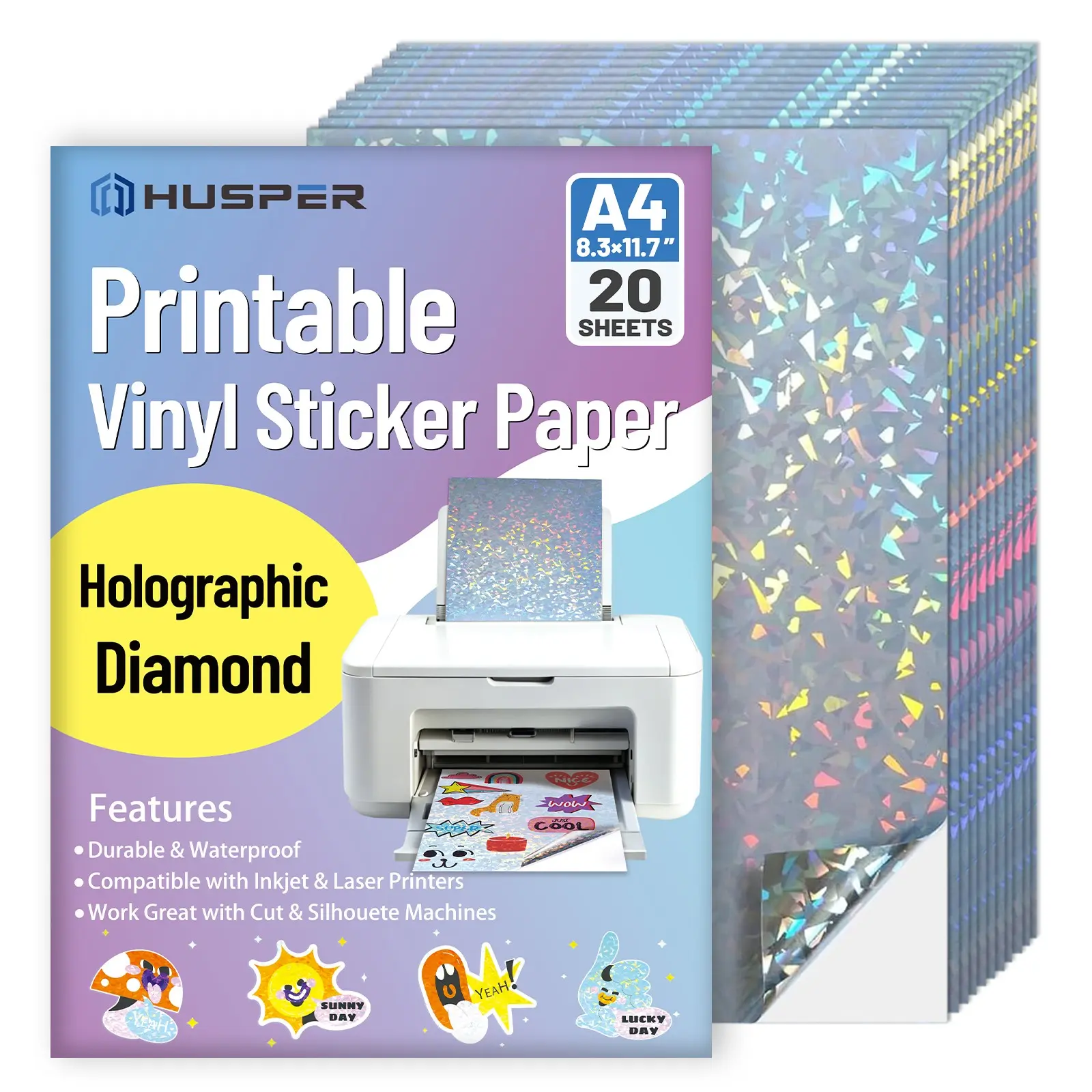 20 Sheets Diamond Holographic Vinyl Sticker Paper, A4 Size, Waterproof, Self-Adhesive, Durable, Inkjet & Laser Printable, Broken Glass Pattern