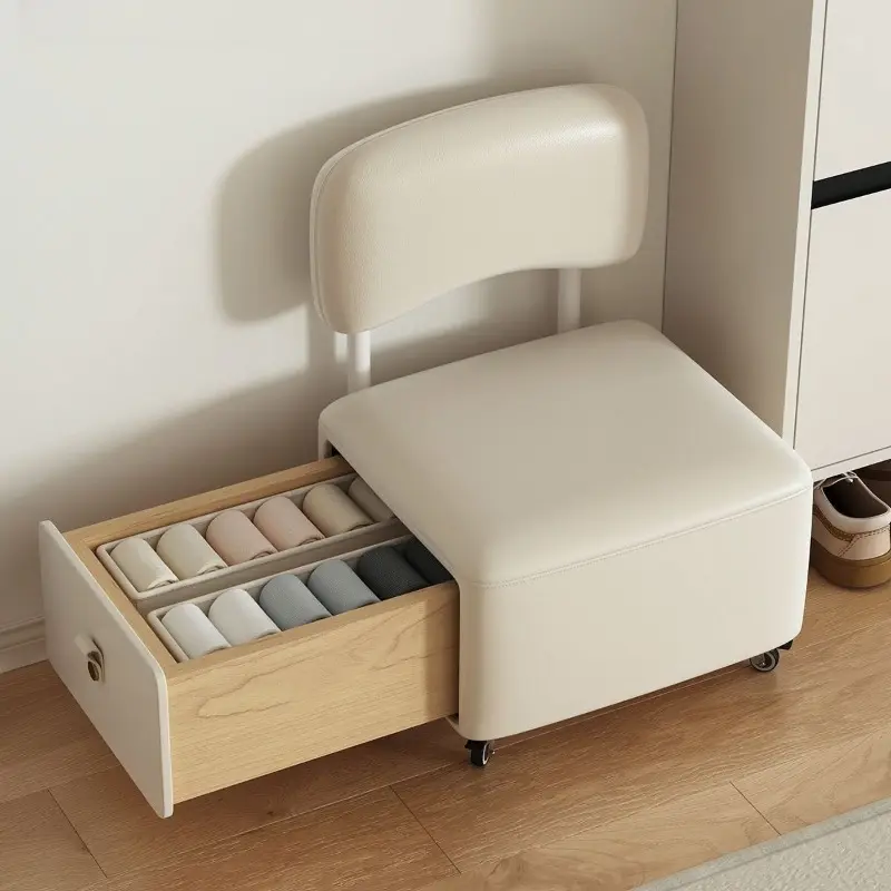 Multi-Functional Rolling Storage Ottoman Chair, Wheeled Shoe Changing Stool With Drawer, PU Leather Footrest Seat, For Entryway Living Room Bedroom, Hidden Storage Organizer With Wheels