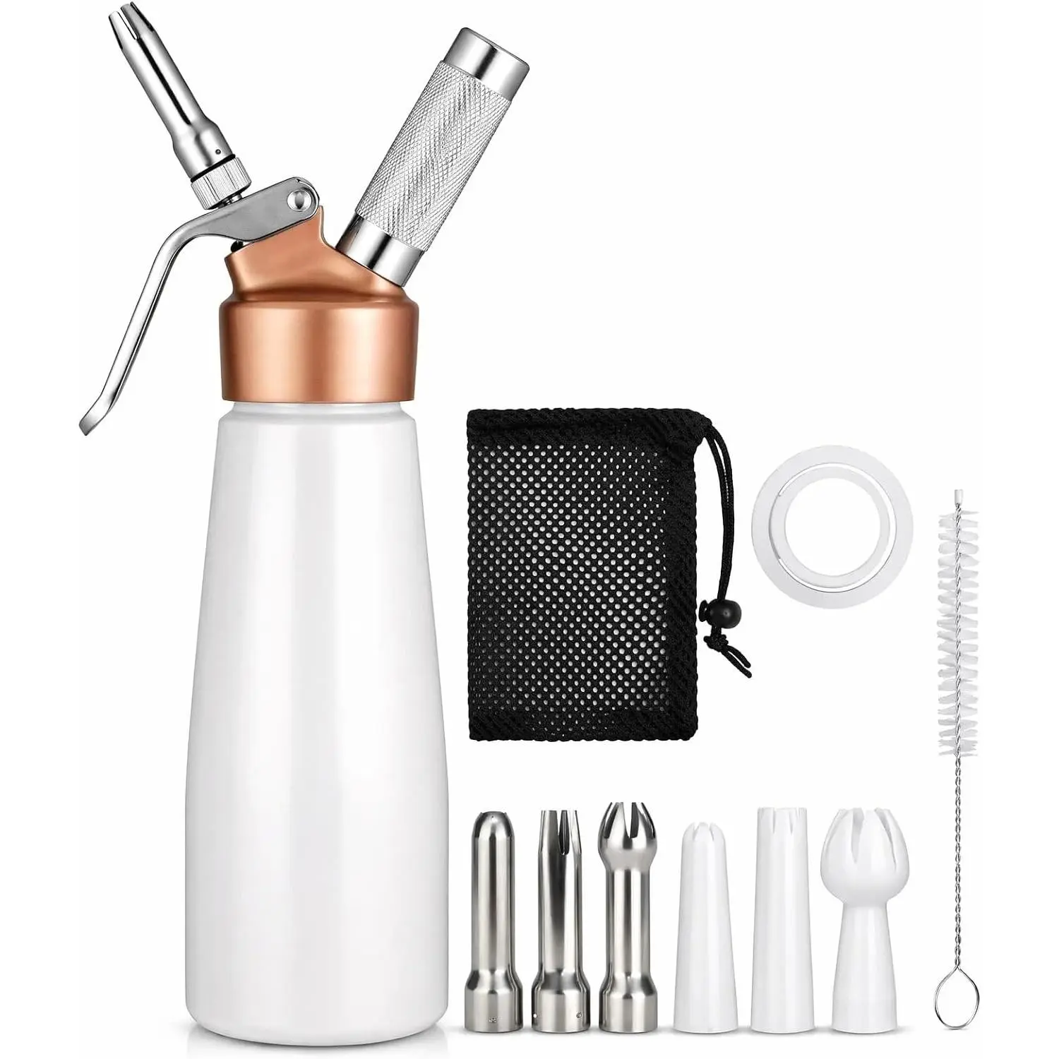 Professional Whipped Cream Dispenser, White, 500ml | Aluminum Alloy, Gold Top, 6 Decorating Tips, For Homemade Whipping Cream