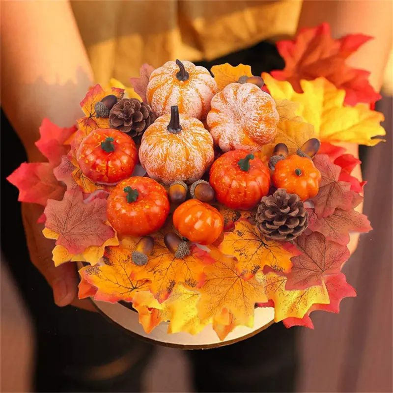 50PCS Fall Artificial Mini Pumpkin Gourd Decor Set with Maple Leaves Acorns Pinecones, Farmhouse Halloween Thanksgiving Table Home Harvest Decor