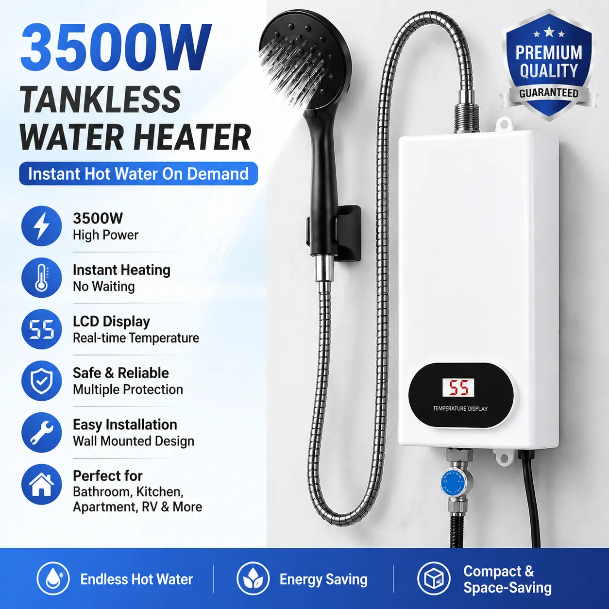 3500W Electric Tankless Water Heater with Shower Head Set, LCD Temperature Display and Instant Hot Water, Compact Easy-Install System for Bathrooms, Kitchens, Apartments and RVs, White Stainless Steel