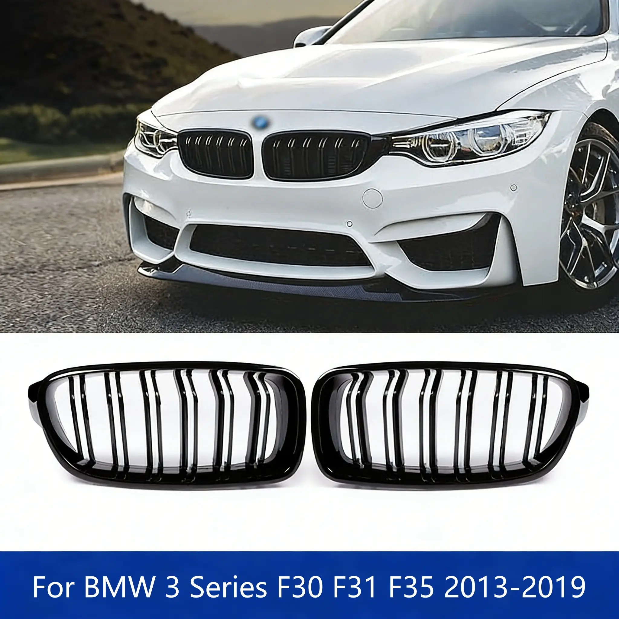 Gloss Black Dual Slat Front Kidney Grille, Automotive Carbon Pattern ABS Grill Replacement for BMW 3 Series F30 F31 F35 2013-2019, Exterior Styling Upgrade Accessories