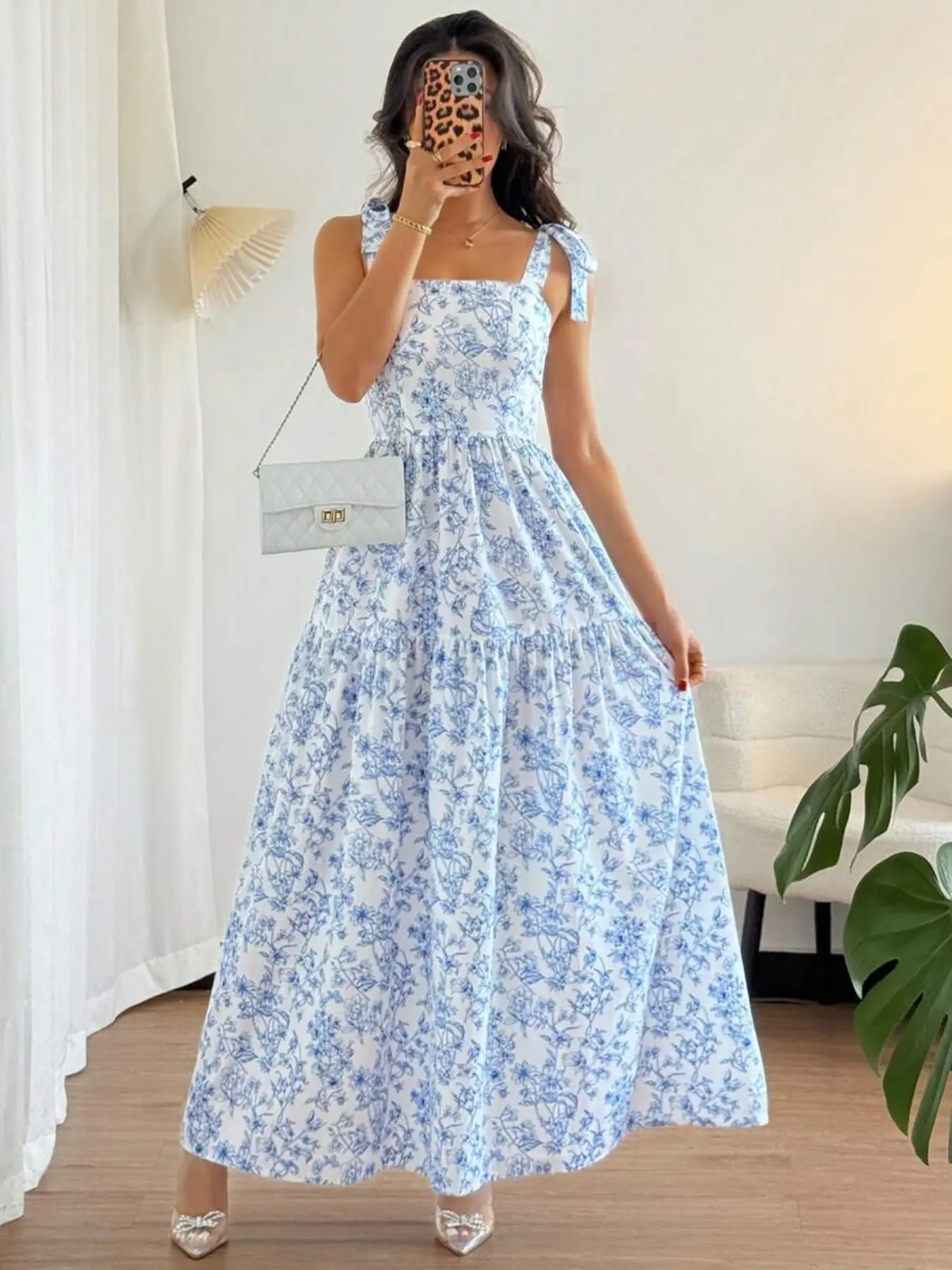 French Elegant Ruffled Floral Long Dress, Sleeveless V-Neck Summer New Arrival, Light Blue Evening Gown, Blue Floral Vacation Dress