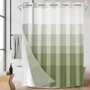 No Hook Shower with Snap in Liner Set, Waffle Weave Green Ombre Striped Duty Set Sheer Mesh Top Waterproof Hotel Style, 71x74 Inch