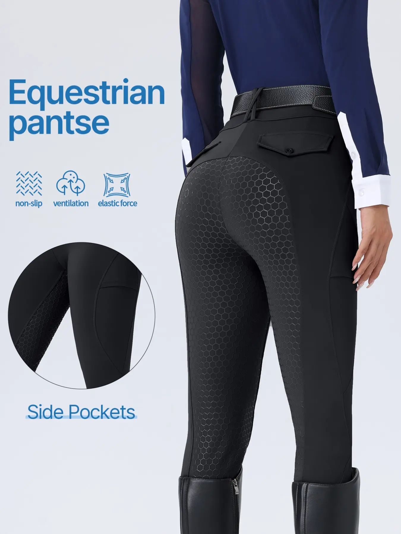 Spring Summer Women's Equestrian Pants, Non-Slip Silicone Full Seat, High-Waisted Elastic Waist, Quick-Dry Durable Riding Pants, Side Pockets