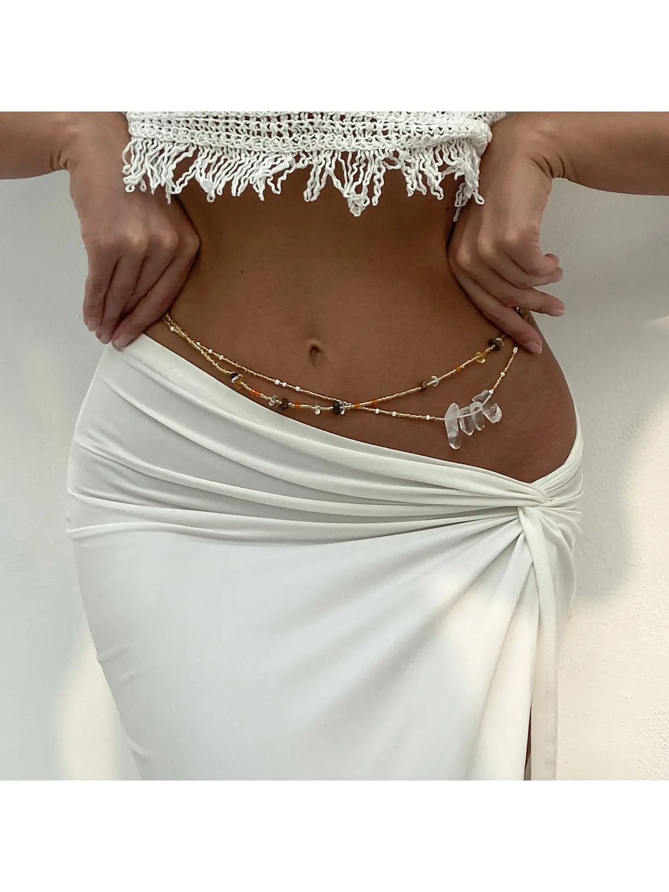 Layered Boho Beaded Waist Chain for Women, Clear Quartz Crystal Pendant Gold Belly Chain, Adjustable Bohemian Bead Body Jewelry for Bikini Beach Vacation Festival Party Wear