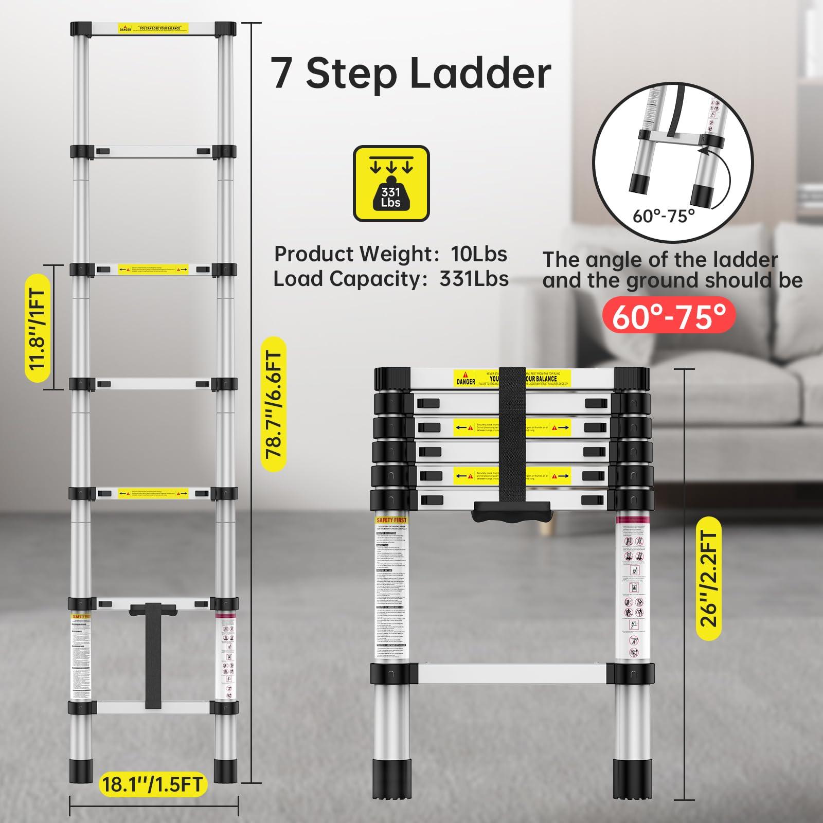 GARVEE Telescoping Ladders: Versatile 6.6FT and 12.5FT Aluminum Folding Ladders with 330lbs Capacity, Ideal for Home, RV, Office, and Outdoor Use with Non-Slip Feet for Safety and Stability.