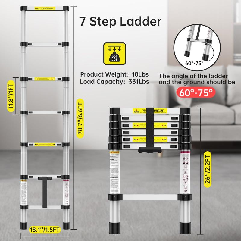 GARVEE Telescoping Ladders: Versatile 6.6FT and 12.5FT Aluminum Folding Ladders with 330lbs Capacity, Ideal for Home, RV, Office, and Outdoor Use with Non-Slip Feet for Safety and Stability.