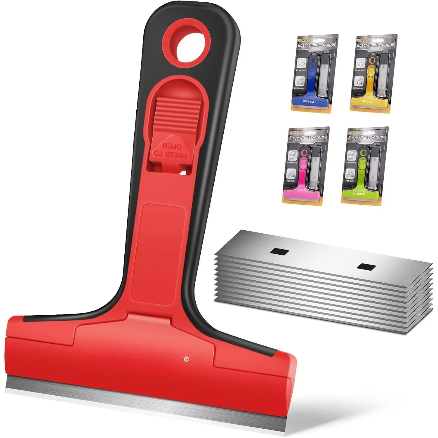 4 In Rectangular Head Paint Supply Razor Scraper - Household Use Surface Removal Tool with 10 Replaceable Steel Blades, Replaceable Tips, Storage Box for Home Cleaning (Glass, Stove Top)