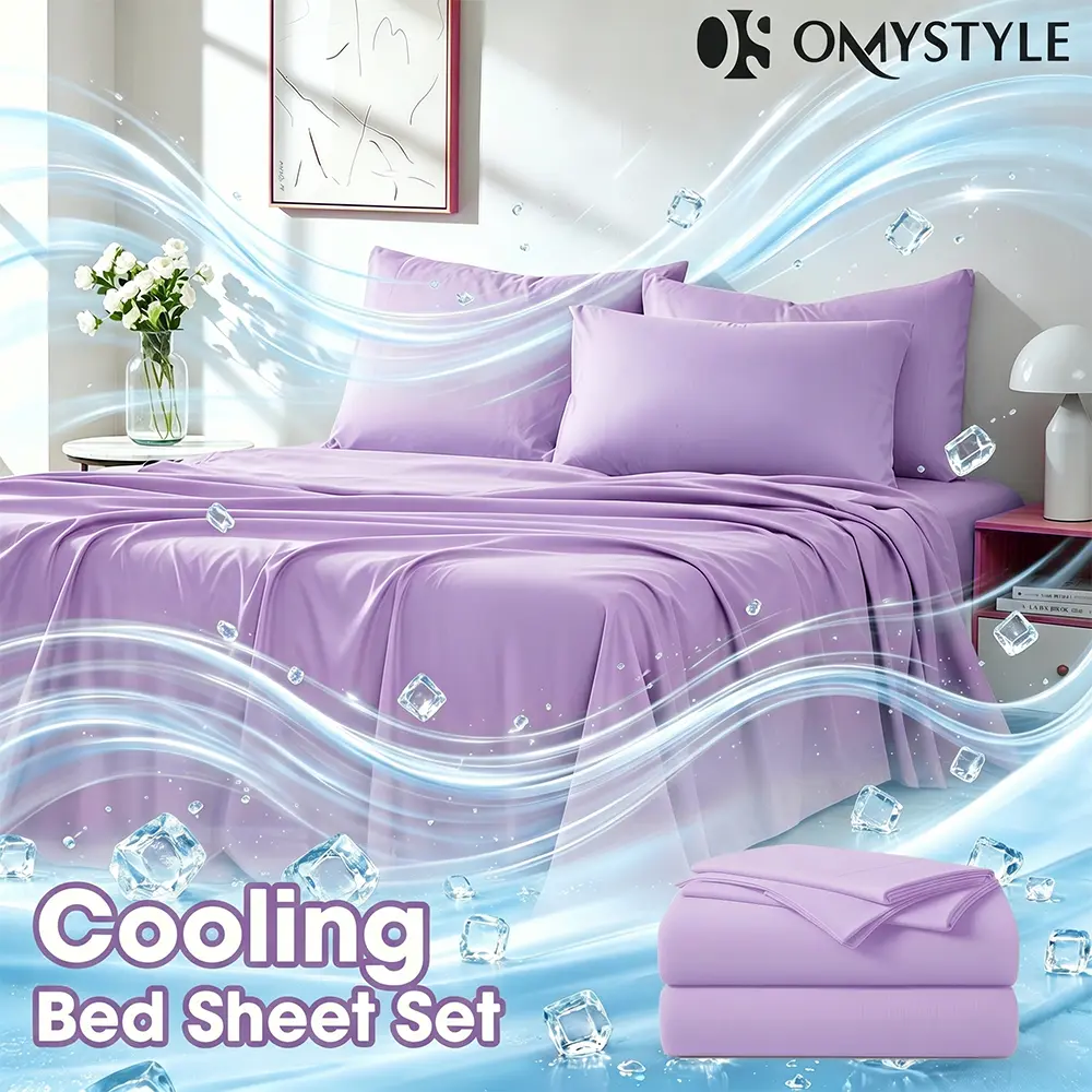 OS OMYSTYLE Ice Cooling Bamboo Sheets Set - Lavendar Queen Size Sheets Set - Temperature Regulating, T/F/Q/K - Breathable & Skin-Friendly, Kids Fitted Sheet, Flat Sheet and Pillowcases - Super Soft, Wrinkle Free - Perfect Gift For Cooling Sleep