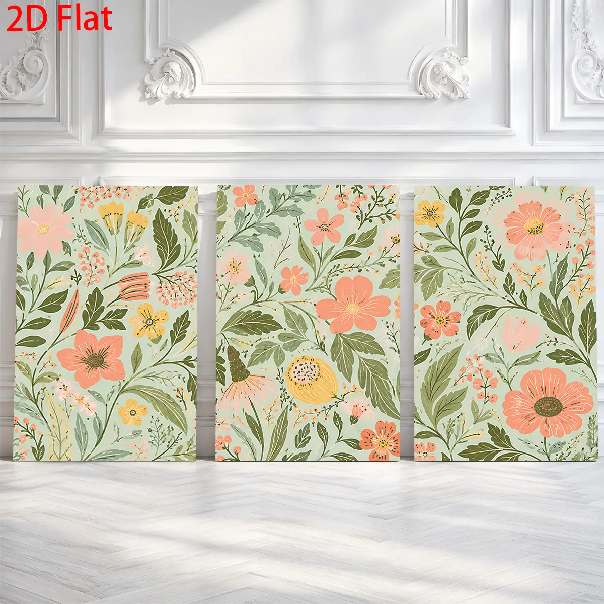 Three-piece 2D flat painting set--three canvas prints featuring mint green, pink, and yellow floral motifs, waterproof canvas paintings that can be hung directly, suitable for home room decoration, can be used as gifts for Father's Day, graduation ceremon