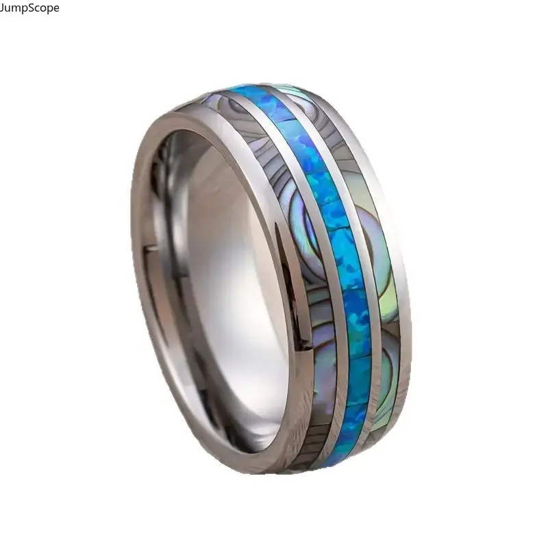 8mm Triple Channel Blue Opal & Abalone Shell Inlay Band Ring - Polished MDF-Steel Comfort Fit Elegant Male Wedding Ring for Outdoor Leisure Use