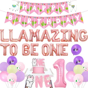 1Set Llama First Birthday Decoration 1anniversary Birthday Whole Llama Fun Party Supplies Llama One Cake Topper Cactus Birthday Banner Llamazing To Be One Balloons for Girls Alpaca Birthday Decor