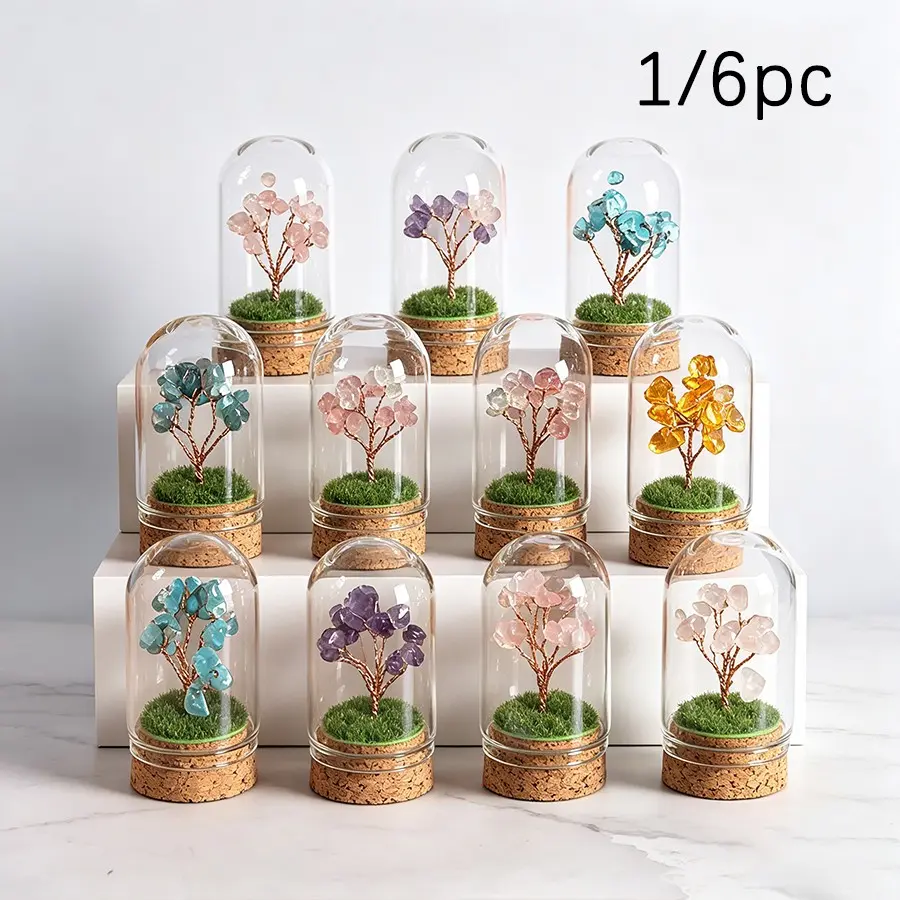 Tiny Healing Crystal Tree Mini Glass Cloche Decor, 3x5.5cm Money Tree Statue, Spiritual Crystal Gift for Women, Meditation Room Altar