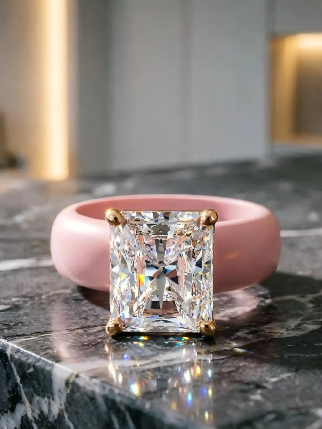 Fashion Women's Cubic Zirconia Ring, 10x8mm Emerald Cut Stone, Flexible Silicone Band, Daily Wear, Emerald Ring, Cubic Zirconia Ring