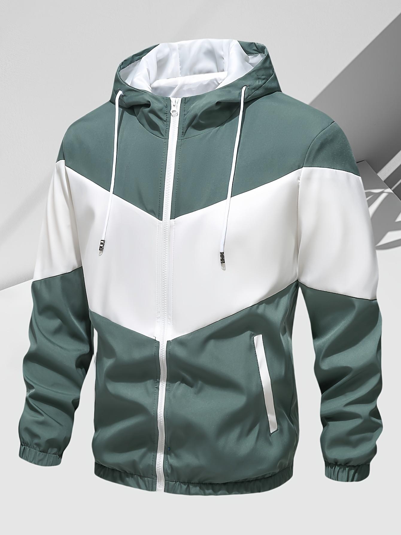 Men's casual two-piece set, stylish contrasting zipper hooded jacket, breathable solid color drawstring pants